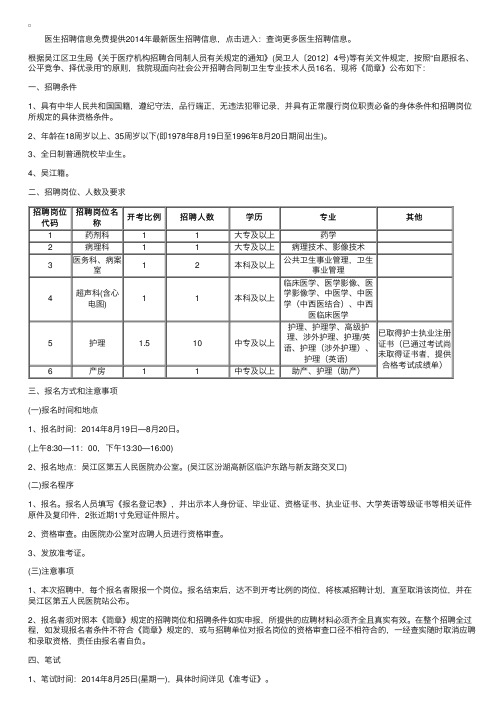 江苏苏州吴江区第五人民医院16名医生招聘信息