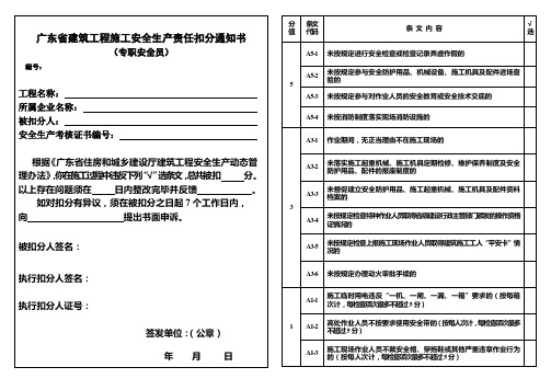 广东建筑工程施工安全生产责任扣分通知书