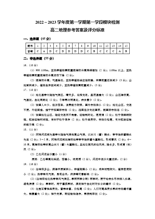 2022年11月高二地理上学期期中考试答案 平度