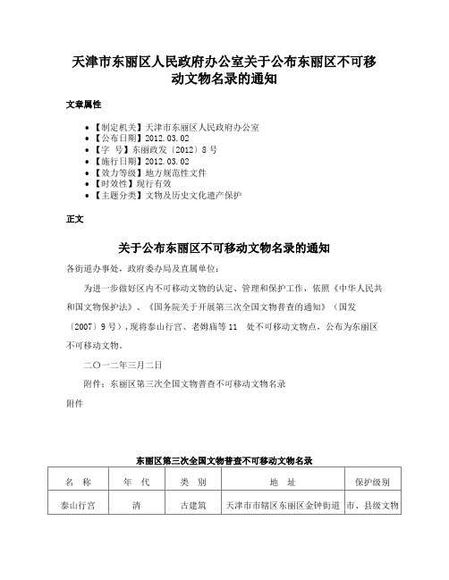 天津市东丽区人民政府办公室关于公布东丽区不可移动文物名录的通知