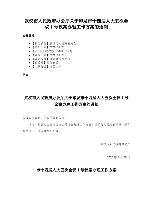 武汉市人民政府办公厅关于印发市十四届人大五次会议1号议案办理工作方案的通知