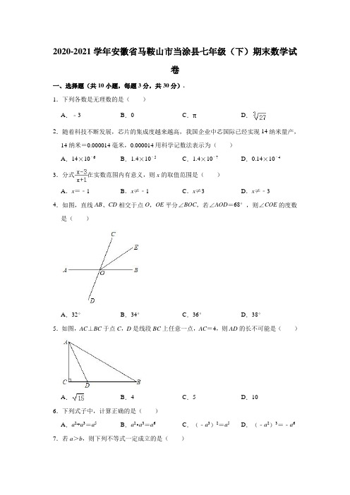 2020-2021学年安徽省马鞍山市当涂县七年级(下)期末数学试卷 (解析版)