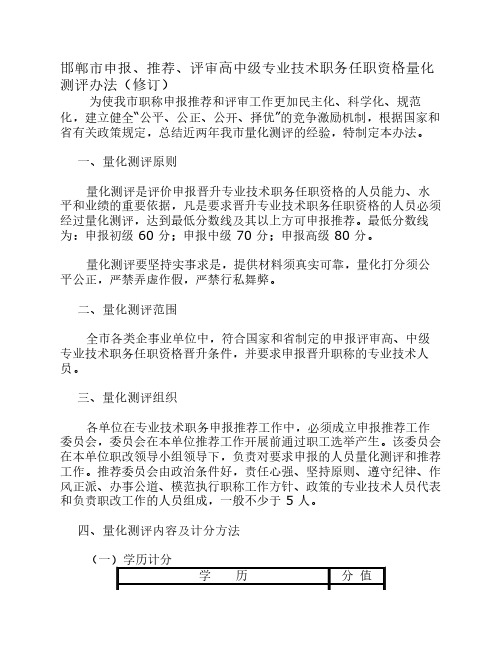 邯郸市申报、推荐、评审高中级专业技术职务任职资格量化测评办法(修订)