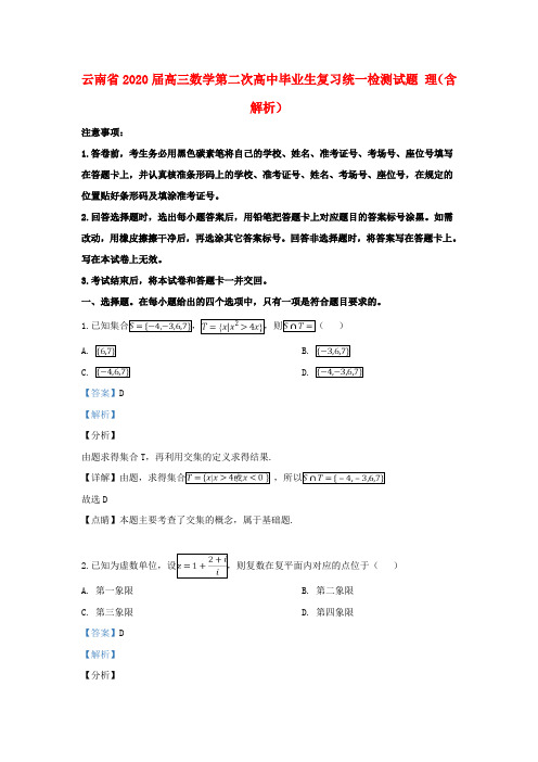 云南省2020届高三数学第二次高中毕业生复习统一检测试题 理(含解析)