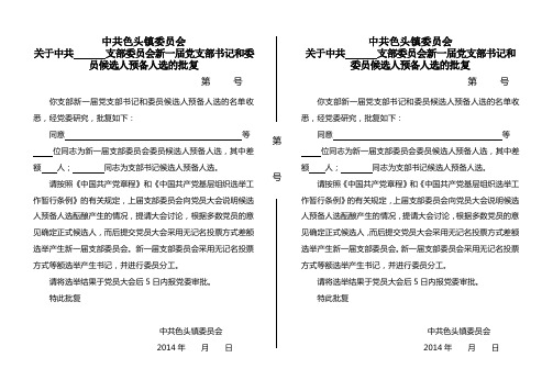 XX村党支部关于新一届支委会党支部书记和委员候选人预备人选的批复