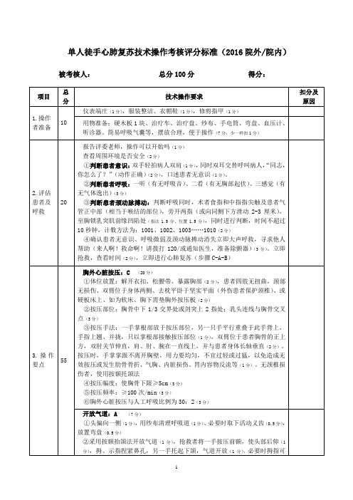 单人徒手心肺复苏技术操作考核评分标准(2016)