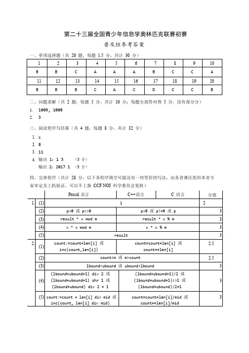 NOIP2017第二十三届全国青少年信息学奥林匹克联赛初赛普及组答案