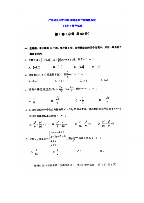 2018届广东省化州市高三上学期第二次高考模拟考试数学(文)试卷