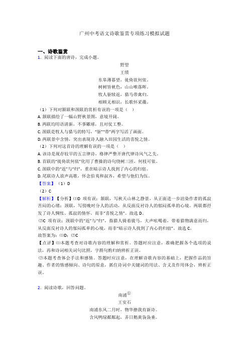 广州中考语文诗歌鉴赏专项练习模拟试题