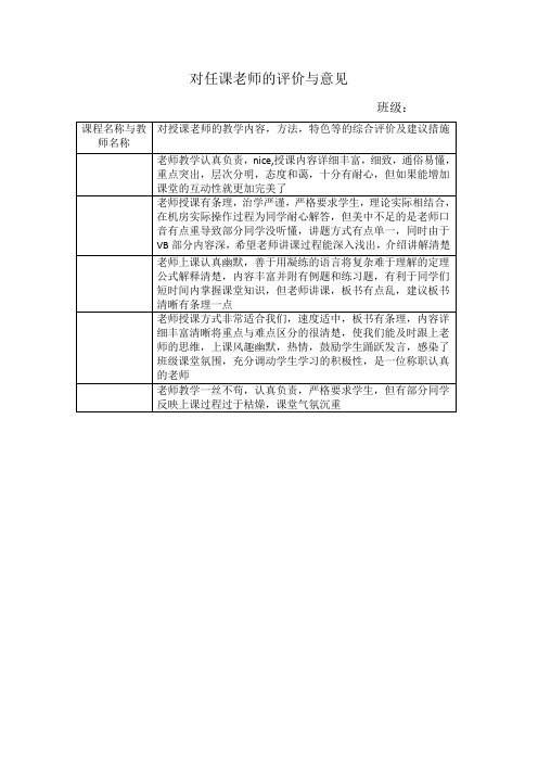 (完整版)对任课老师的评价与意见