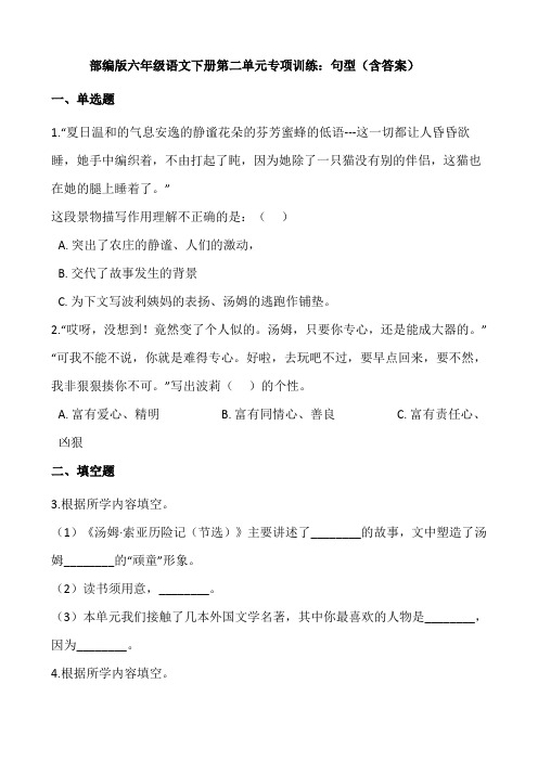 部编版六年级语文下册第二单元专项训练：句型(含答案)