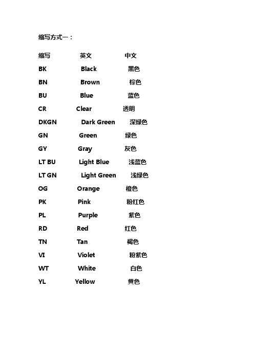 电气系统线缆颜色的英文缩写