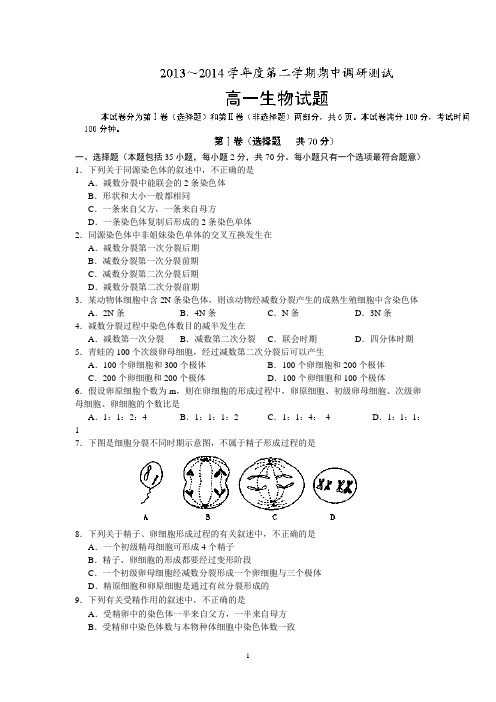 沭阳县2013-2014学年高一下学期期中调研测试生物试题