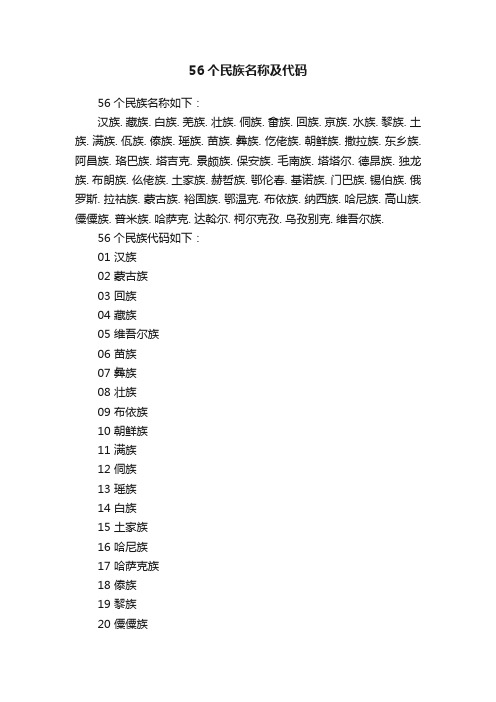 56个民族名称及代码