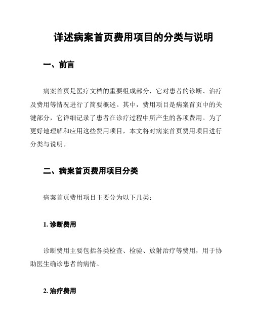 详述病案首页费用项目的分类与说明