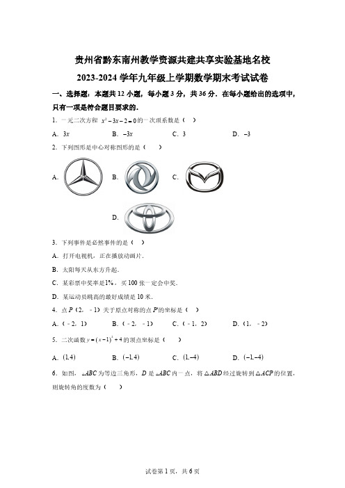 贵州省黔东南苗族侗族自治州2023-2024学年九年级上学期期末数学考试试题[答案]