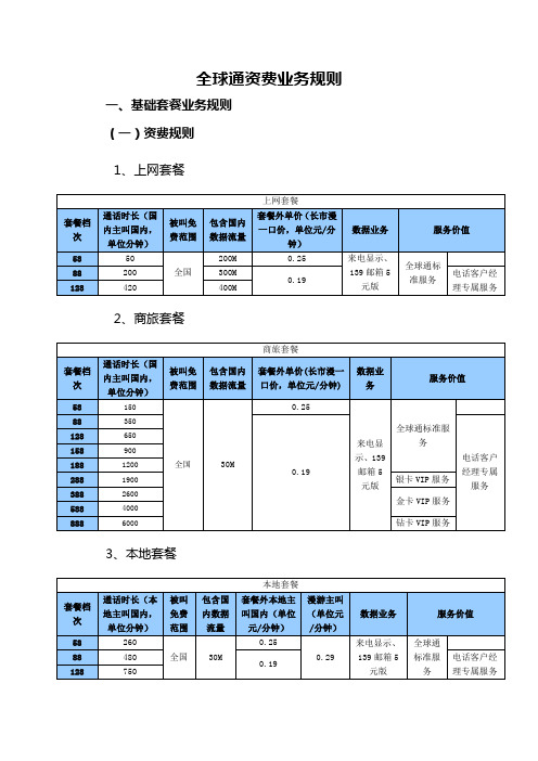 新全球通套餐资费业务规则