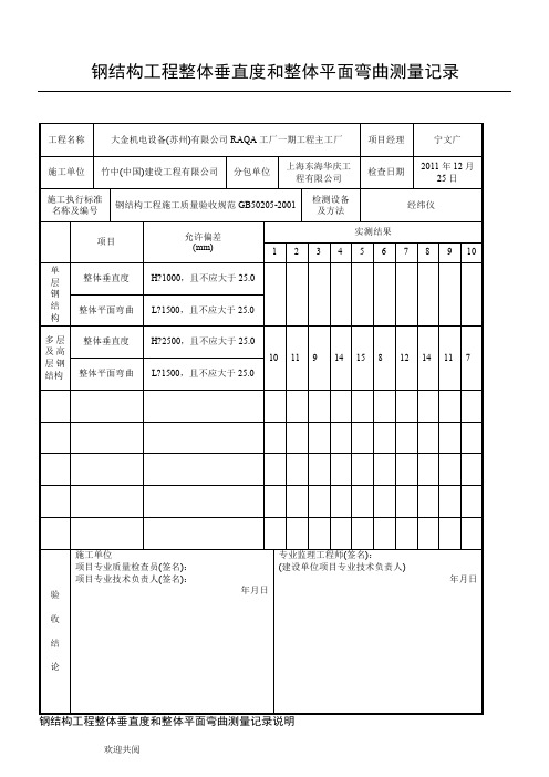 钢结构工程整体垂直度和整体平面弯曲测量记录