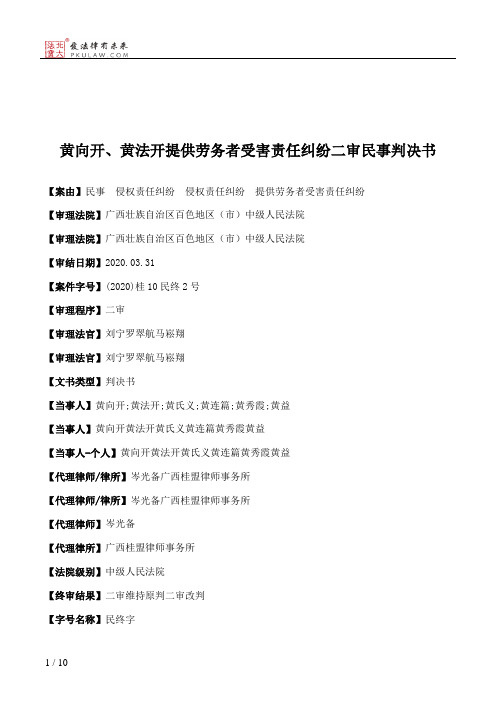 黄向开、黄法开提供劳务者受害责任纠纷二审民事判决书