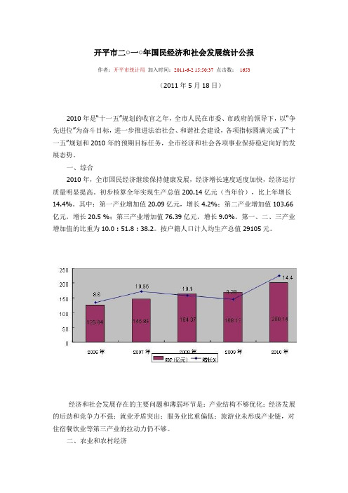 开平市二○一○年国民经济和社会发展统计公报