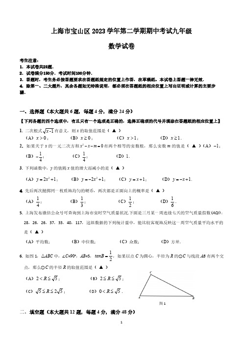 2024年上海市宝山区九年级中考二模数学试卷(含解析)