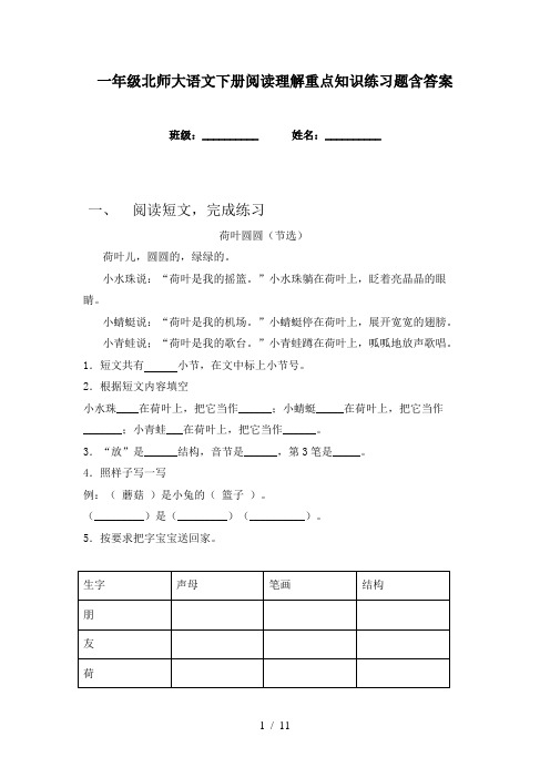 一年级北师大语文下册阅读理解重点知识练习题含答案