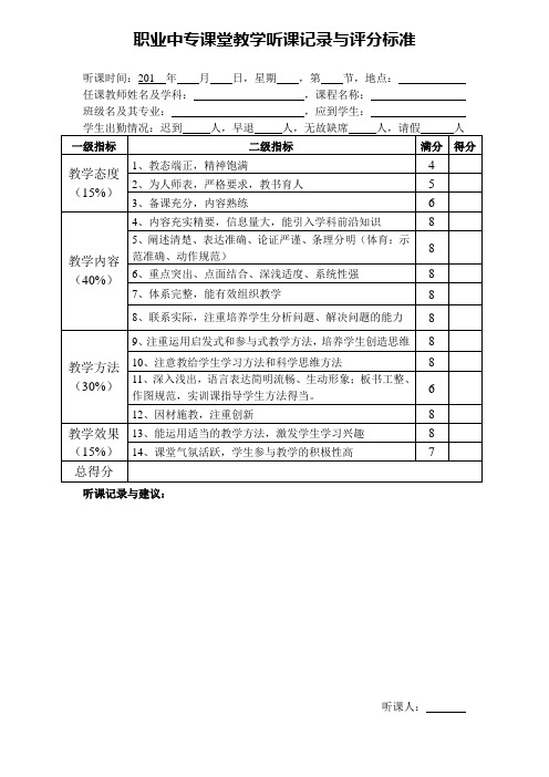 职业中专课堂教学听课记录与评分标准