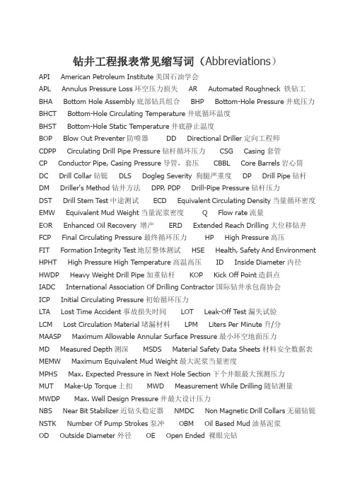 钻井工程报表常见缩写词