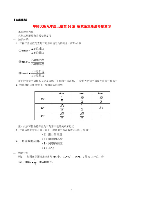 2020华师大版九年级数学上册第24章 解直角三角形专题复习