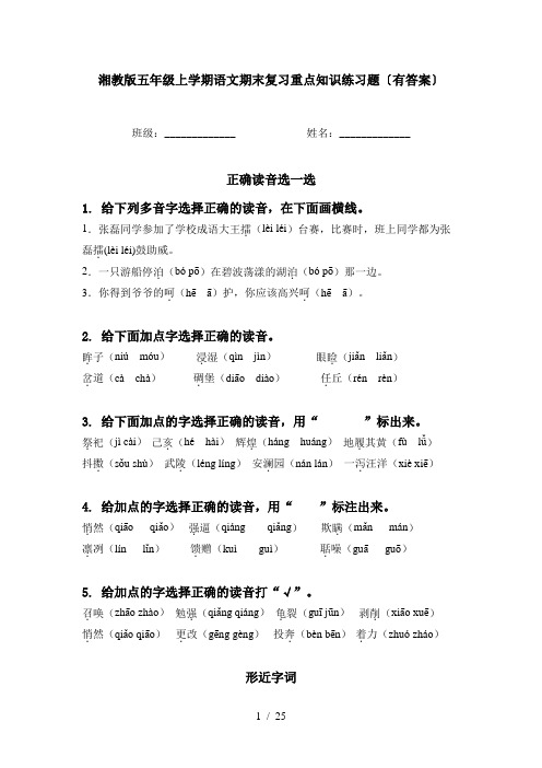 湘教版五年级上学期语文期末复习重点知识练习题〔有答案〕