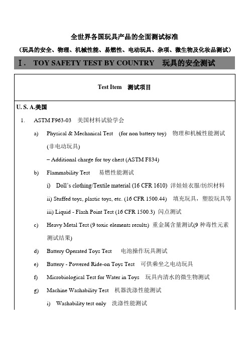 各国玩具产品的全面测试标准(玩具的安全、物理、机械性能、易燃性、电动玩具、杂项、微生物及化妆品测试)