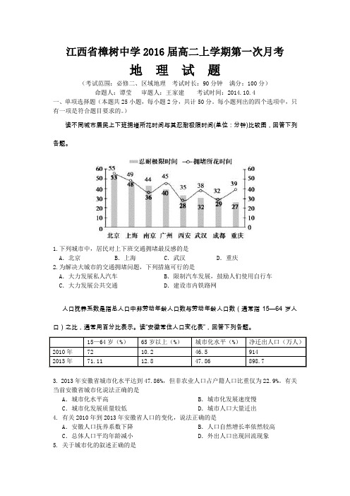 江西省樟树中学2014-2015学年高二上学期第一次月考地理试题 Word版含答案(  2014高考)