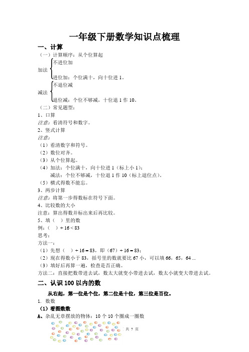 (完整版)苏教版数学一年级下册复习知识点