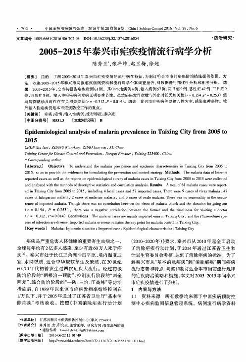 2005-2015年泰兴市疟疾疫情流行病学分析