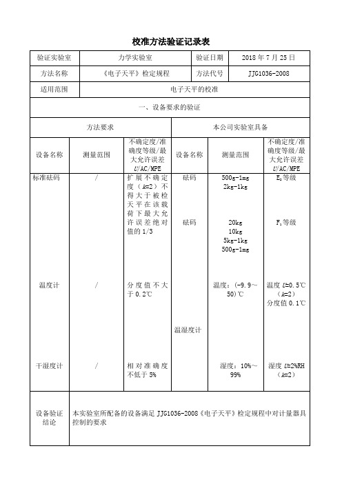 校准方法验证记录表(电子天平)