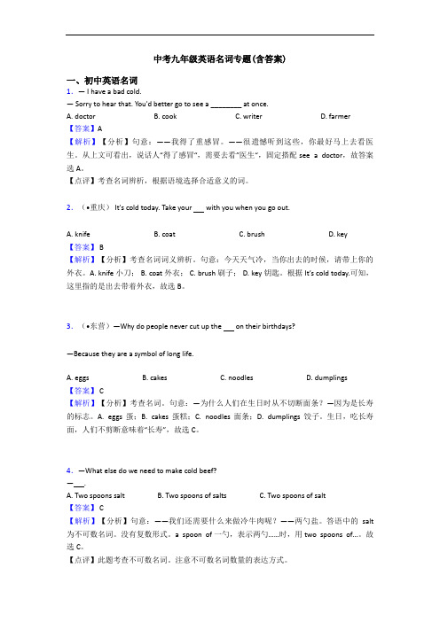 中考九年级英语名词专题(含答案)