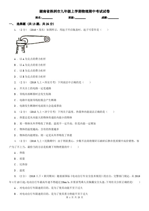 湖南省株洲市九年级上学期物理期中考试试卷