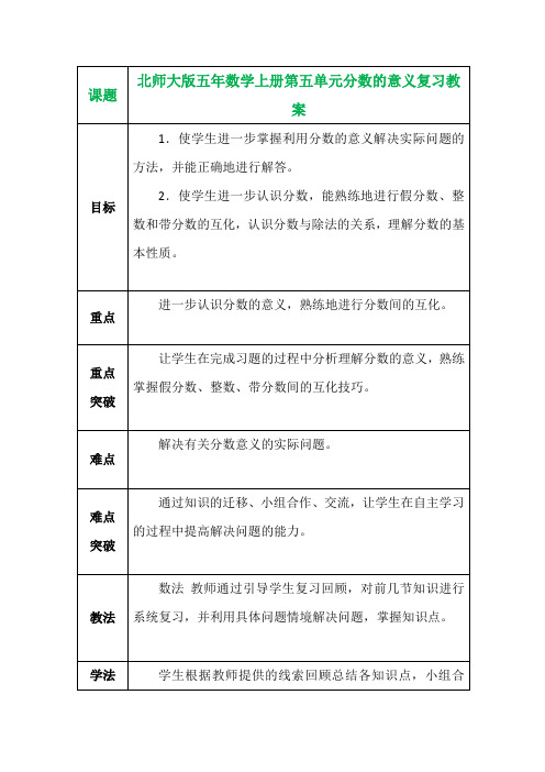 北师大版五年数学上册第五单元分数的意义复习教案