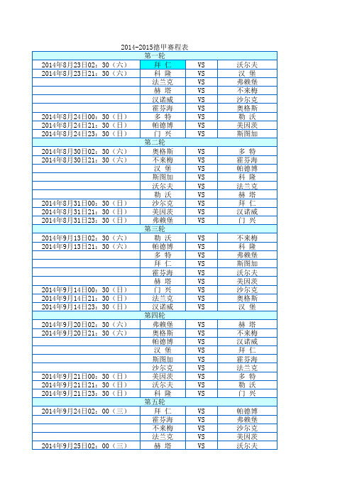 2014-2015西甲赛程表,2014-2015英超赛程表,2014-2015德甲赛程表