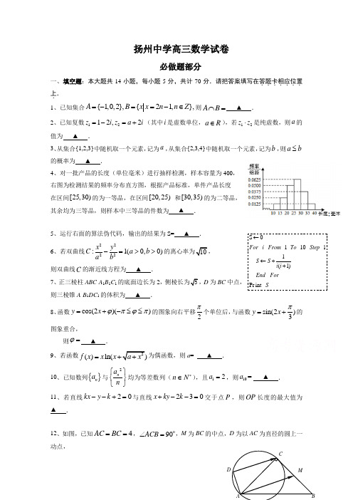 江苏省扬州中学高三5月第四次模拟考试数学含答案【精选】.doc