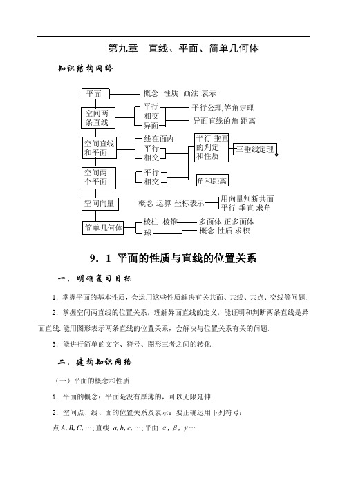 届大纲版数学高考名师一轮复习教案9.1平面的性质 直线的位置关系microsoft word 文档doc