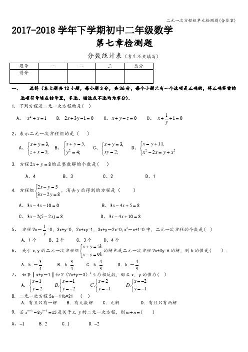 二元一次方程组单元检测题(含答案)