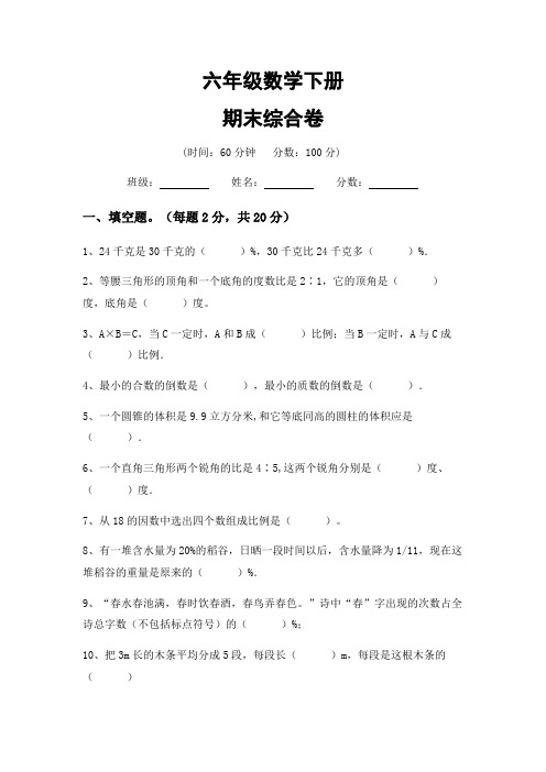 期末综合卷(试题) 六年级下册数学人教版(含答案) 