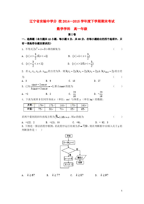 辽宁省实验中学分校高一数学下学期期末考试试题