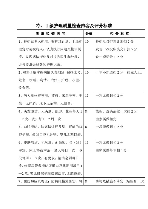 特、Ⅰ级护理质量检查内容及评分标准