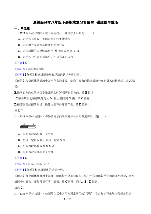 初中科学精品试题：浙教版科学八年级下册期末复习专题01 磁现象与磁场教师版
