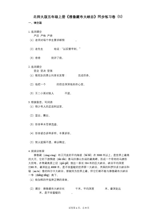 北师大版五年级上册《雅鲁藏布大峡谷》小学语文-有答案-同步练习卷(5)