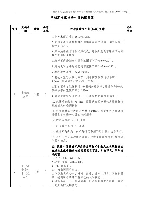 电动起立床设备一批采购参数