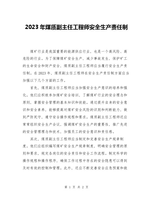 2023年煤质副主任工程师安全生产责任制