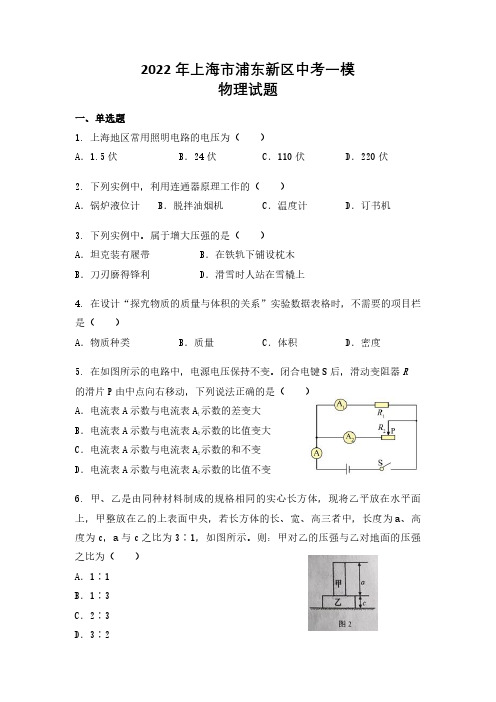 【2022年上海市初中一模物理卷】2022年上海市浦东新区初中毕业生学业模拟考试试卷九年级物理及答案